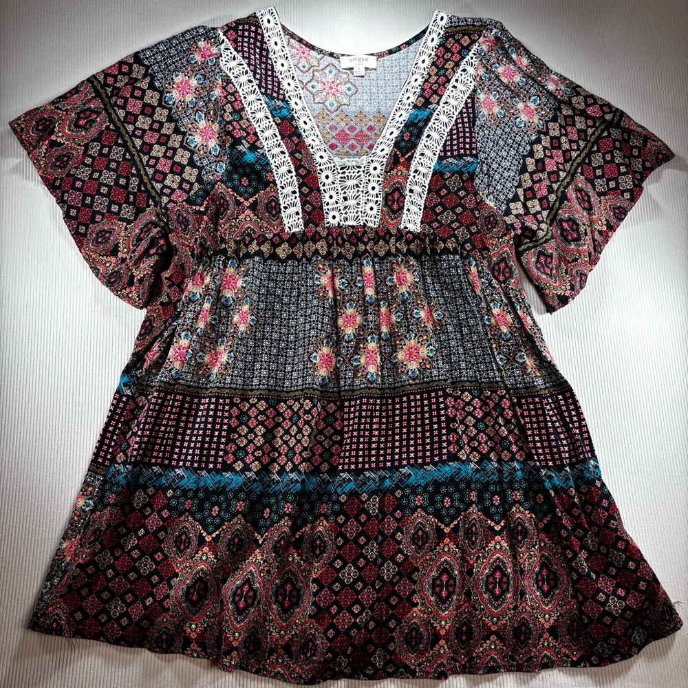 Bohemian Patchwork Print Babydoll‎ Peasant Top